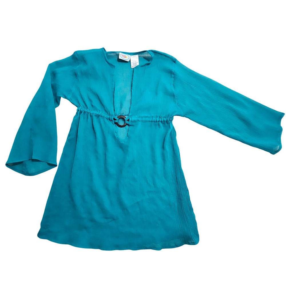 Sand N Sun Swim Cover Up Women Medium Teal Blue O-Ring Bell Sleeve Crinkle *